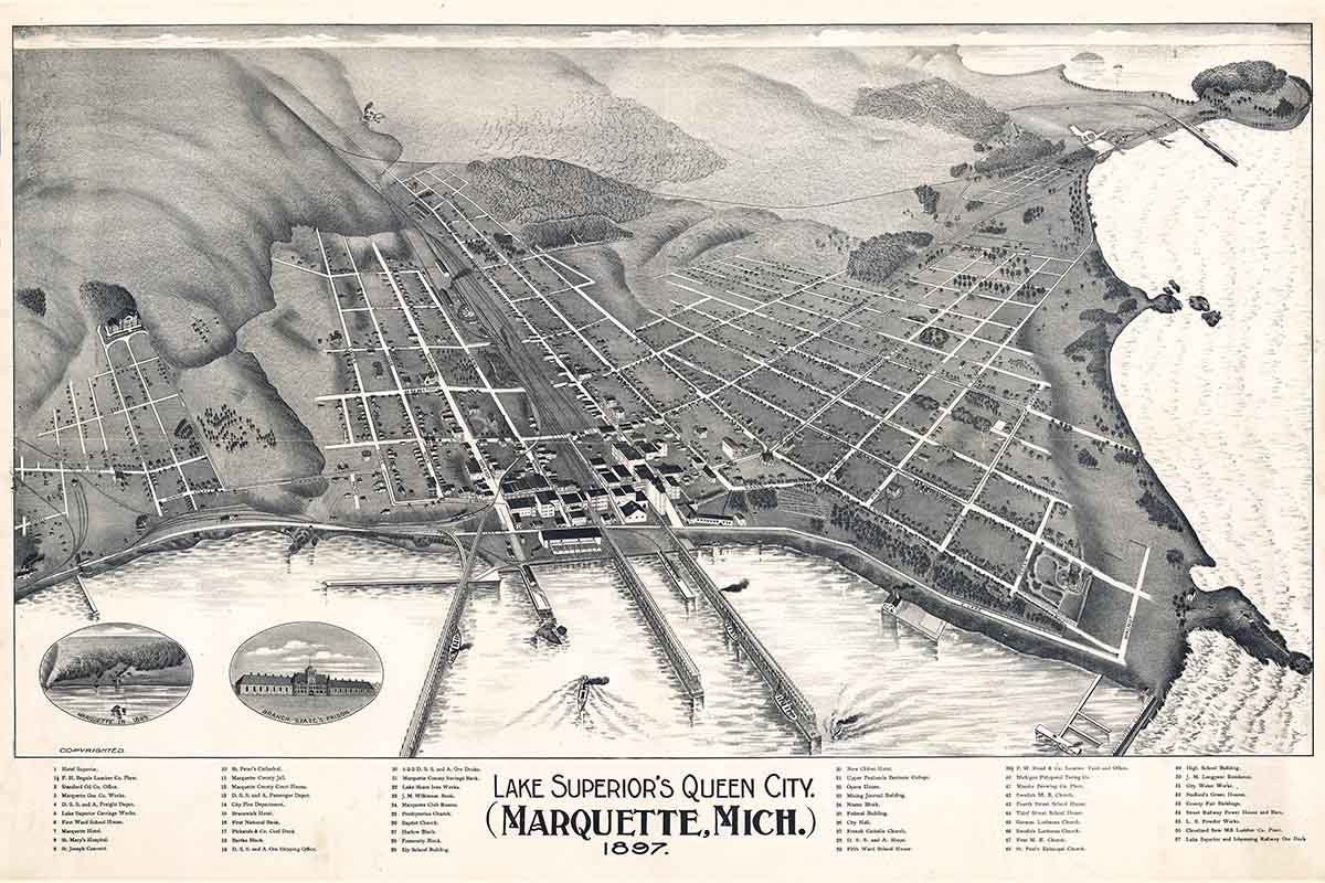 1897 Panoramic Map of Marquette Michigan Lake Superior