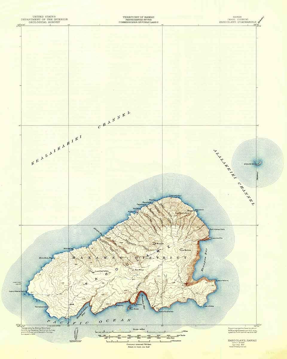 1929 Topo Map of Island of Kahoolawe Hawaii