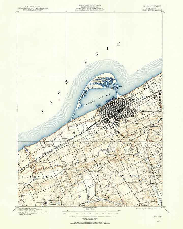 1899 Topo Map of Erie Pennsylvania Quadrangle Lake Erie