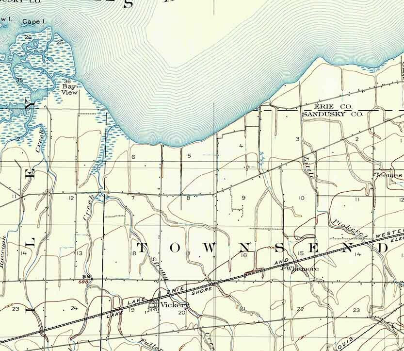 1901 Topo Map of Bellevue Ohio Quadrangle Sandusky Bay Lake Erie