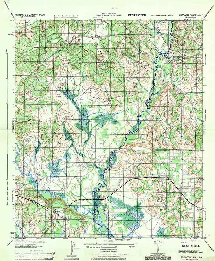 1944 Topo Map of Muscogee Alabama Quadrangle