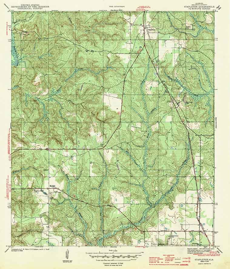 1944 Topo Map of Stapleton Alabama Quadrangle