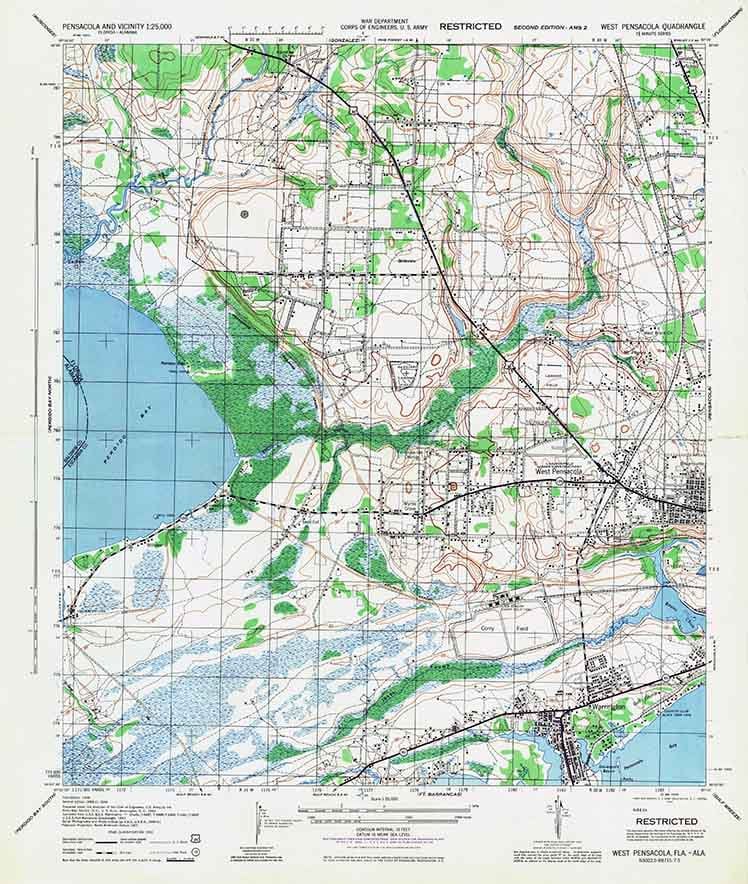 1944 Topo Map of West Pensacola Florida Quadrangle