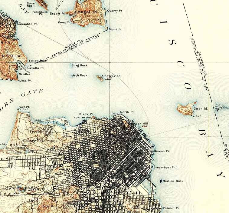 1895 Topo Map of San Francisco California Quadrangle Alcatraz
