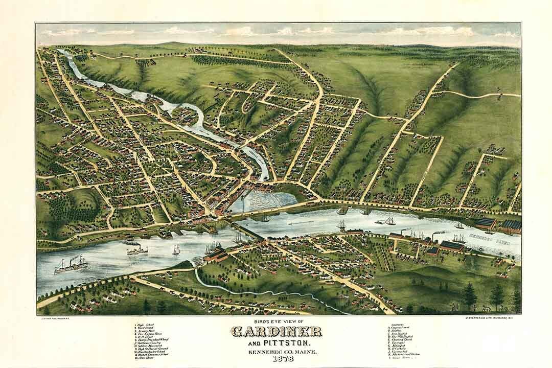 1878 Panoramic Map of Gardiner Pittston Kennebec Company Maine