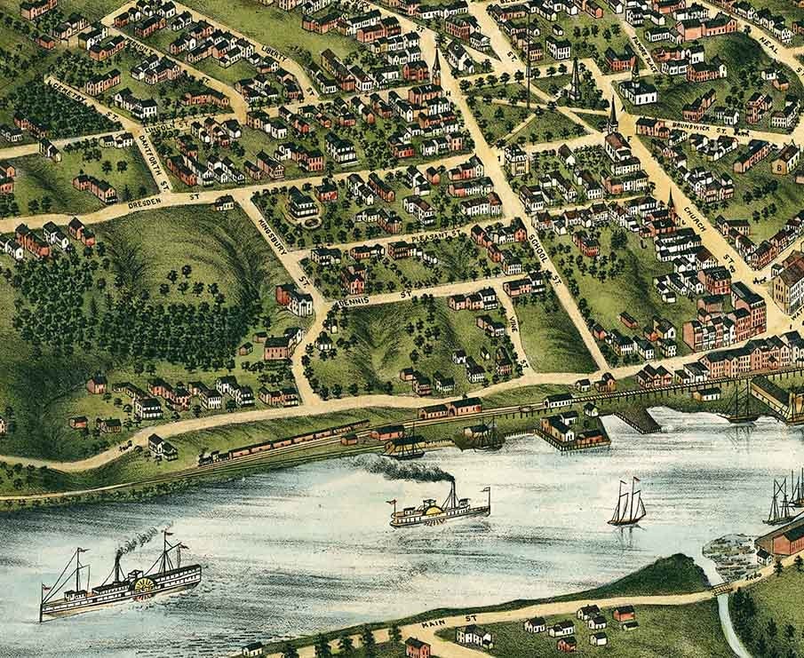 1878 Panoramic Map of Gardiner Pittston Kennebec Company Maine