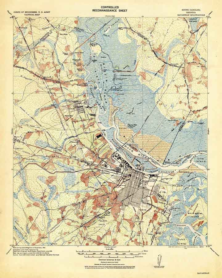 1942 Topo Map of Savannah Georgia Quadrangle