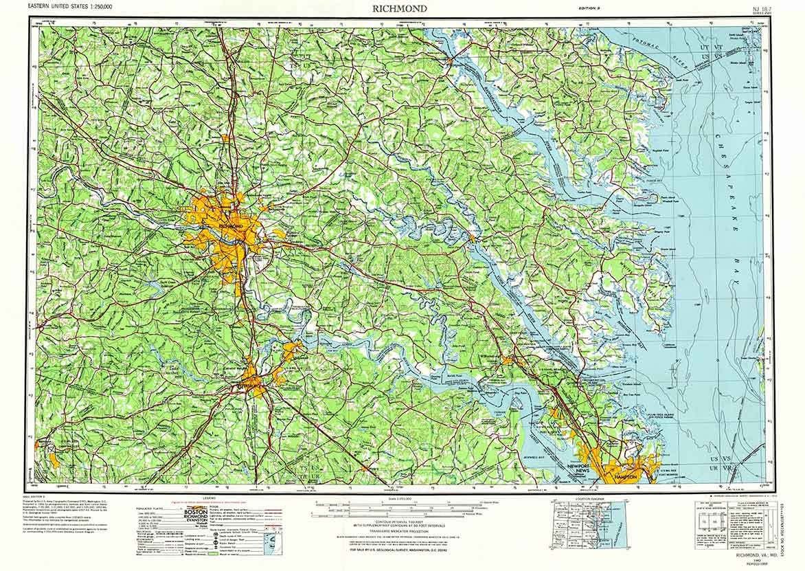 1943 Topo Map of Richmond Virginia Quadrangle Chesapeake Bay