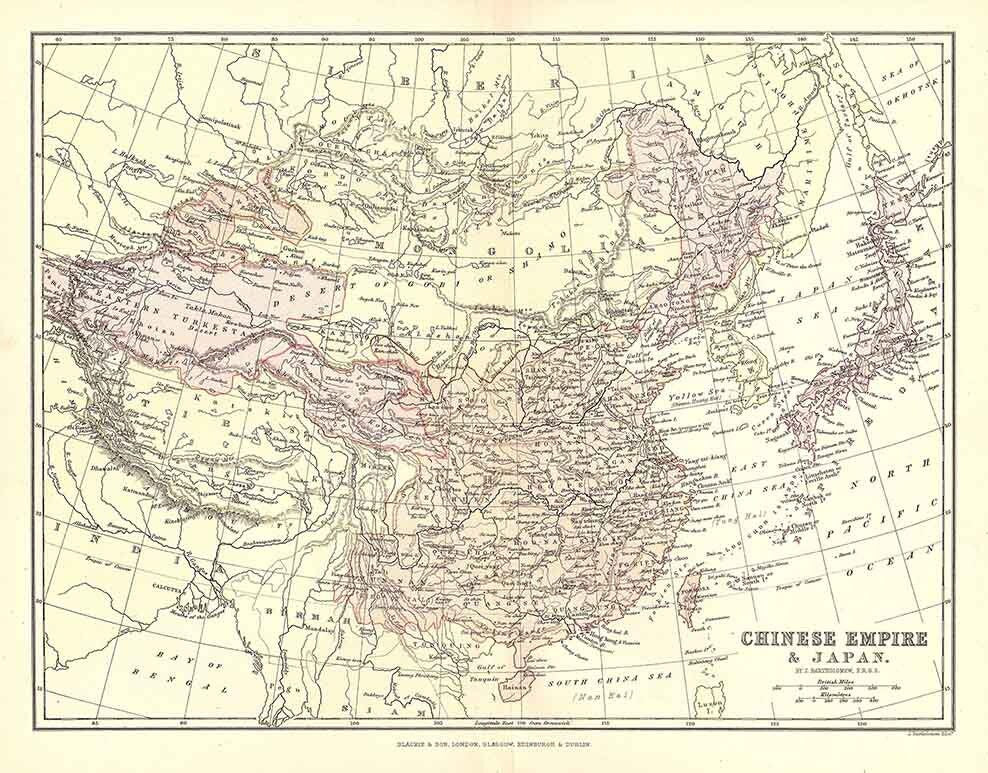 1885 Map of Chinese Empire and Japan