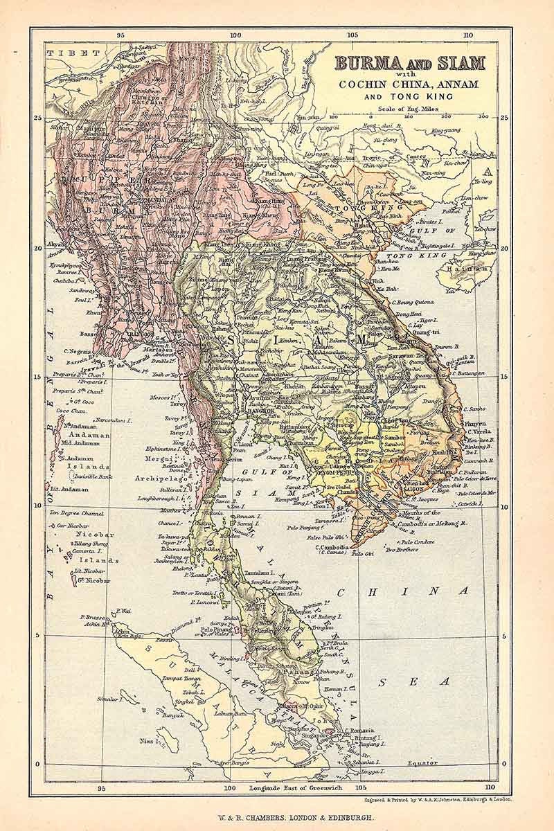 1888 Map of Burma and Siam Cochin China Annam Tony King