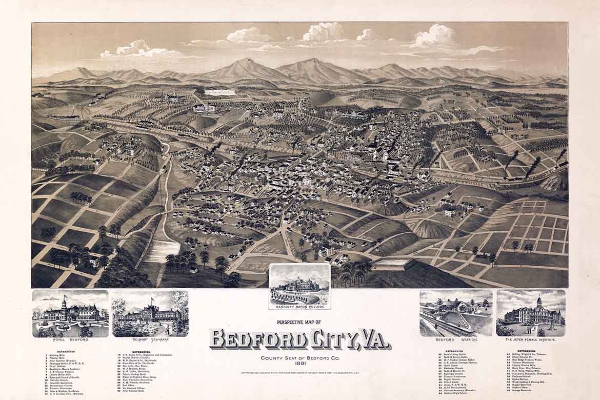 1891 Panoramic Map of Bedford City Virginia