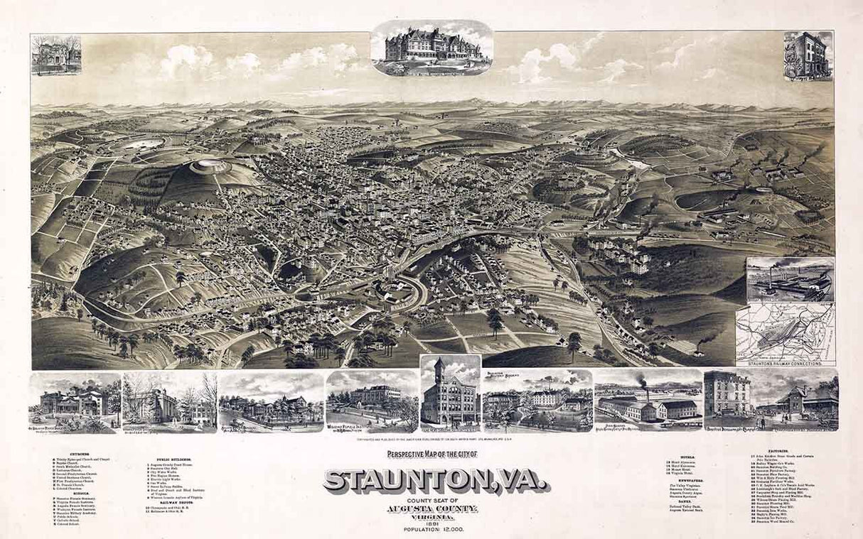 1891 Panoramic Map of Staunton Virginia