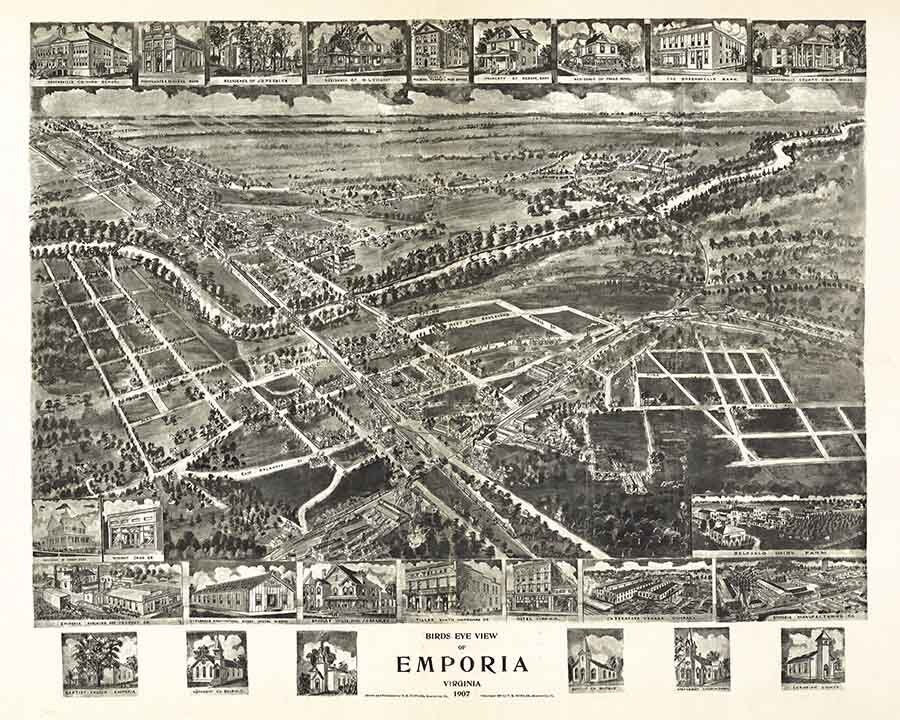 1907 Panoramic Map of Emporia Virginia