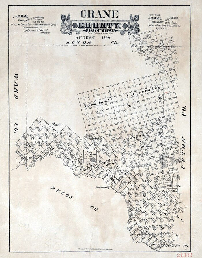 1889 Map of Crane County Texas