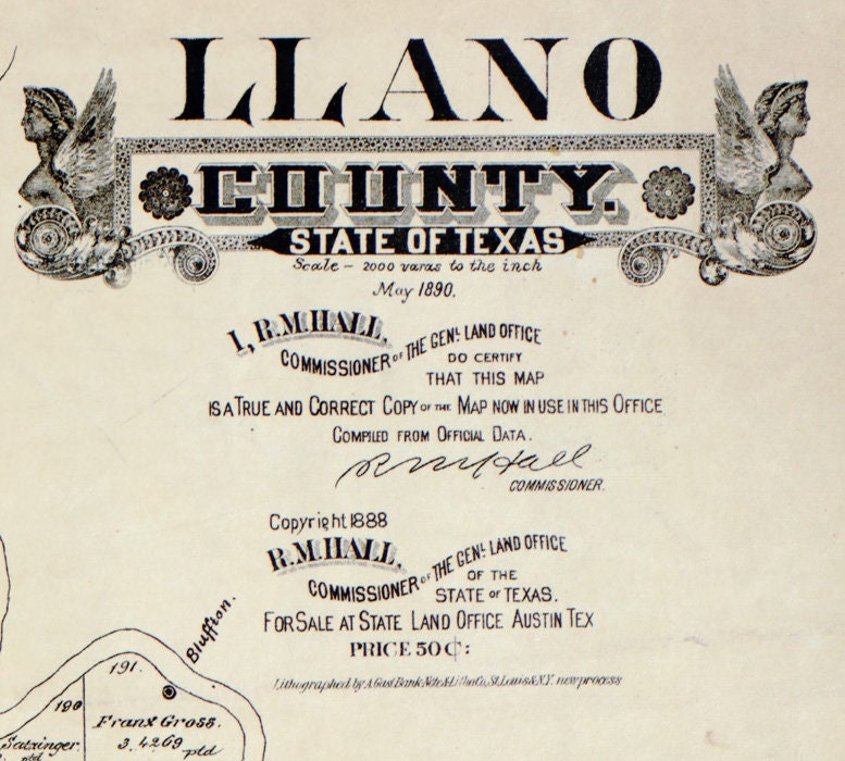 1890 Farm Line Map of Llano County Texas Landowners