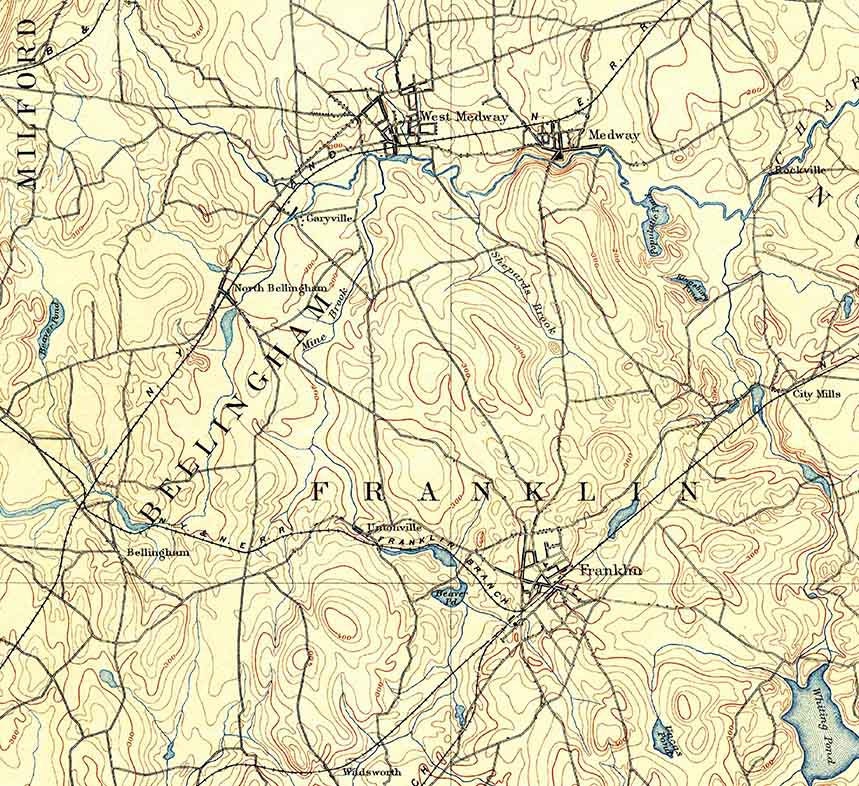 1889 Topo Map of Franklin Massachusetts Quadrangle