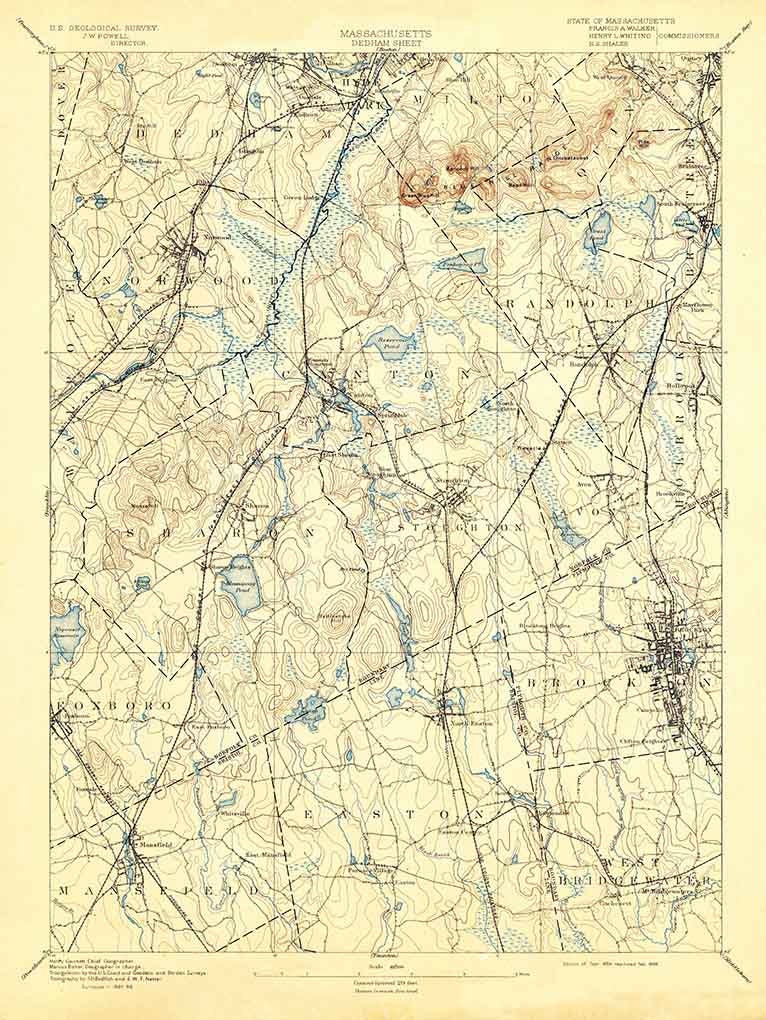 1894 Topo Map of Dedham Massachusetts Quadrangle