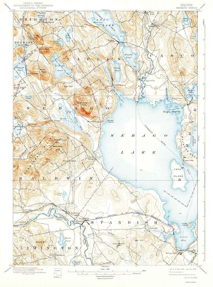 1896 Topo Map of Sebago Maine Quadrangle Sebago Lake