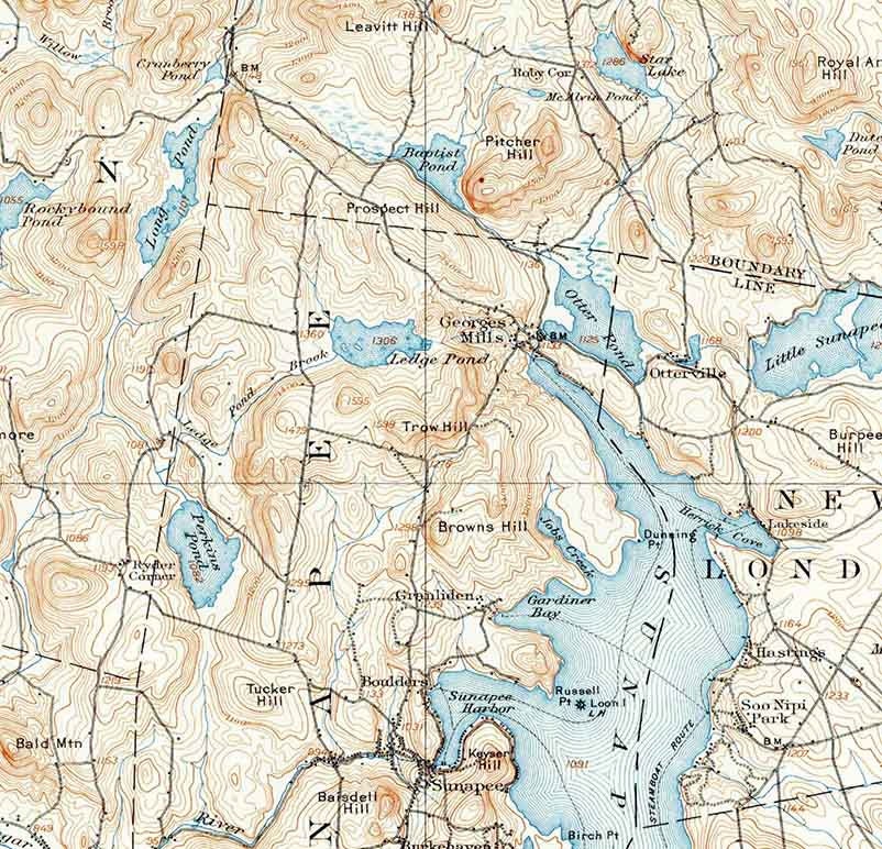 1902 Topo Map of Sunapee New Hampshire Quadrangle Sunapee Lake