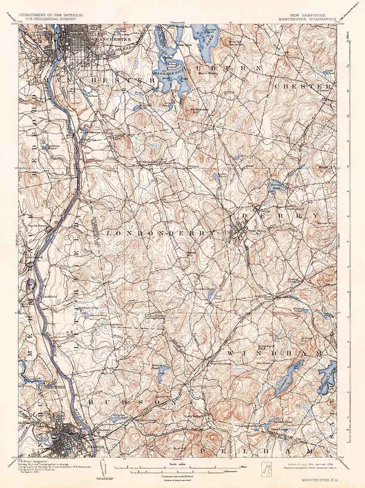 1905 Topo Map of Manchester New Hampshire Quadrangle