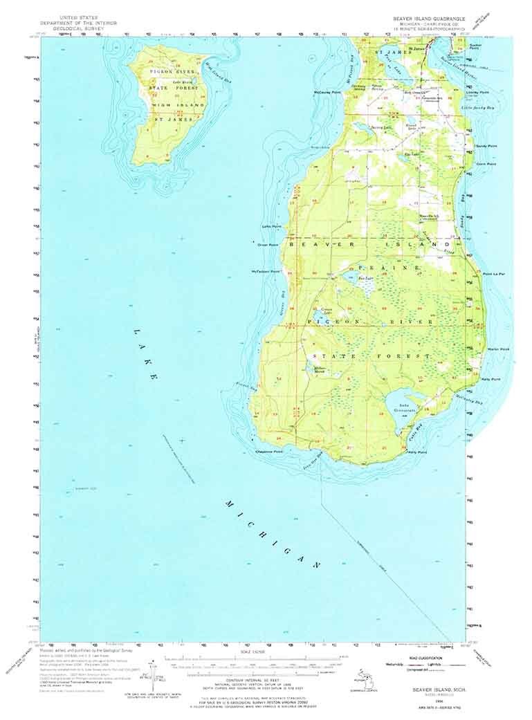 1956 Topo Map of Beaver Island Michigan Quadrangle