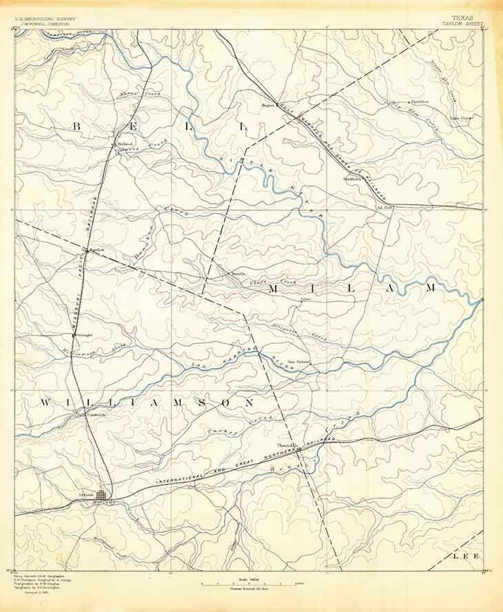 1885 Topo Map of Taylor Texas - Milam - Williamson - Bell