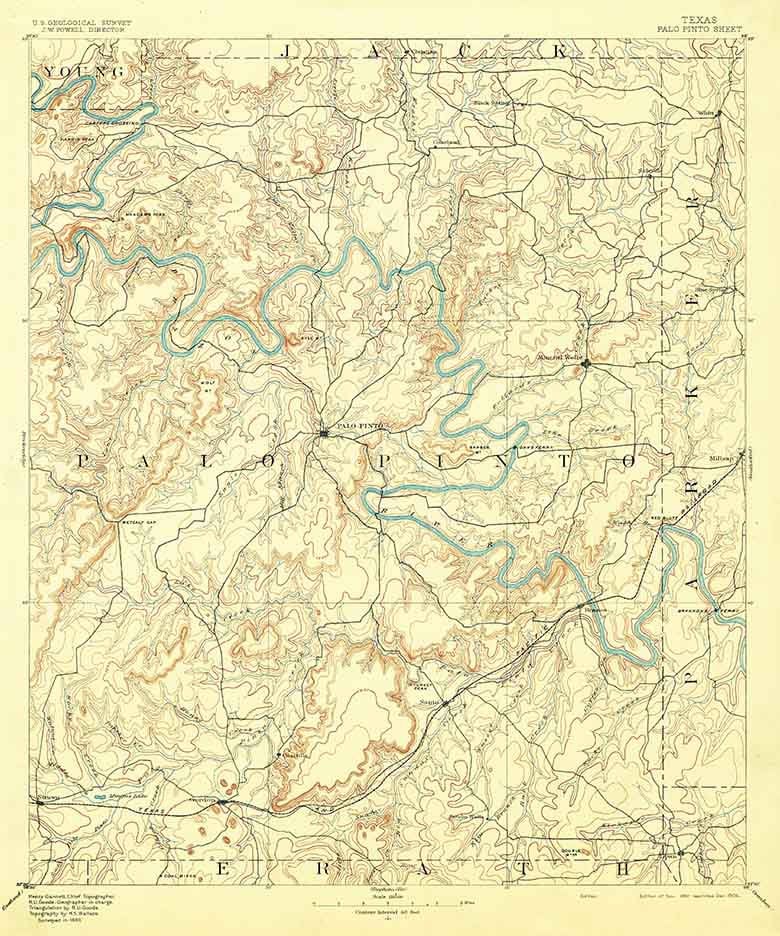 1891 Topo Map of Palo Pinto Texas - Erath - Parker - Young