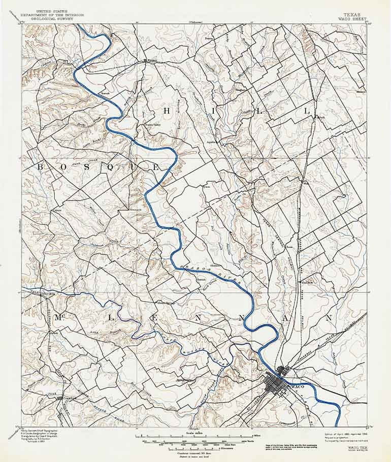 1892 Topo Map of Waco Texas - Gatesville - Granbury