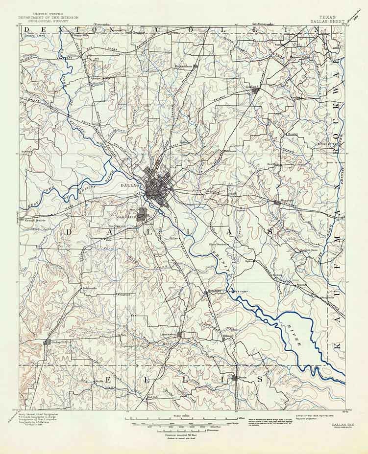 1893 Topo Map of Dallas Texas - Rockwall - Kaufman - Ellis