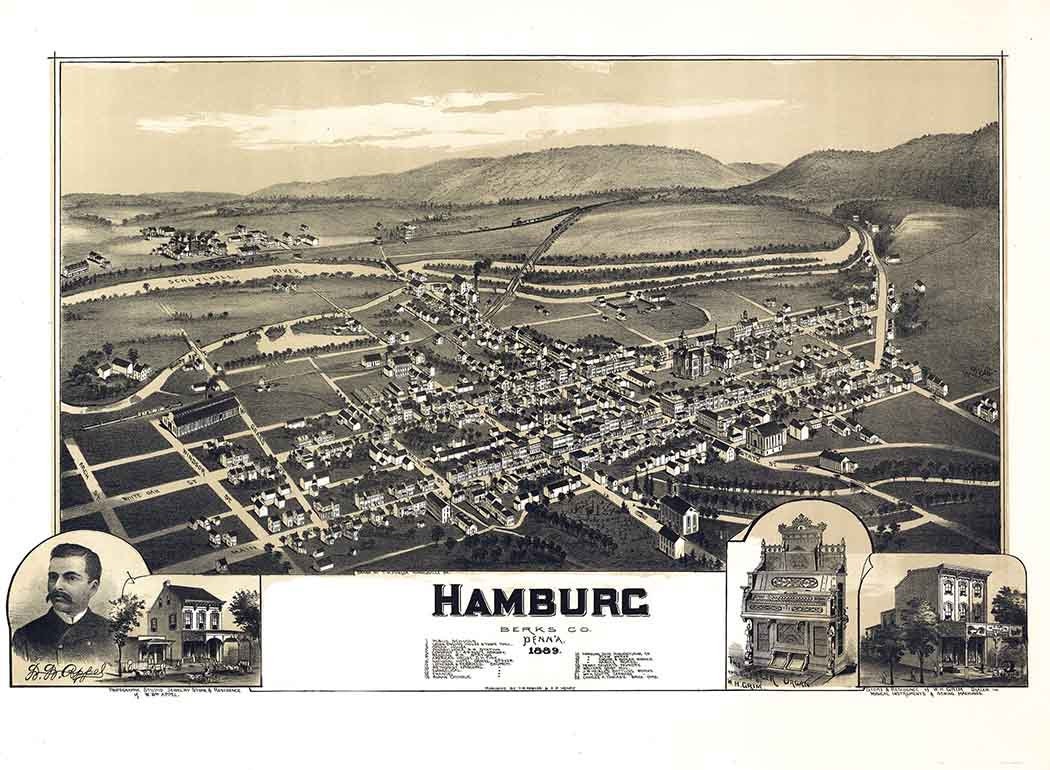 1889 Panoramic Map of Hamburg Berks County Pennsylvania