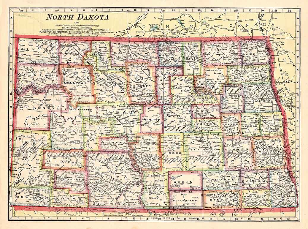 1911 Map of the State of North Dakota