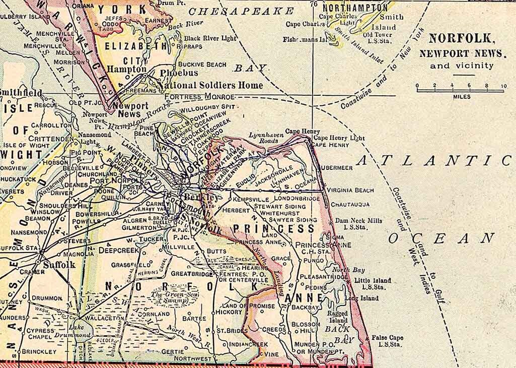 1911 Map of the State of Virginia Atlantic Ocean Norfolk