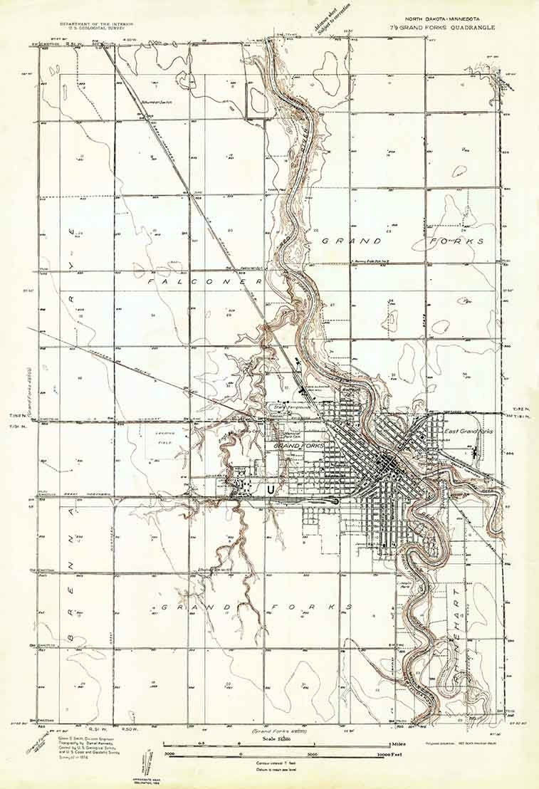 1934 Topo Map of Grand Forks North Dakota Quadrangle