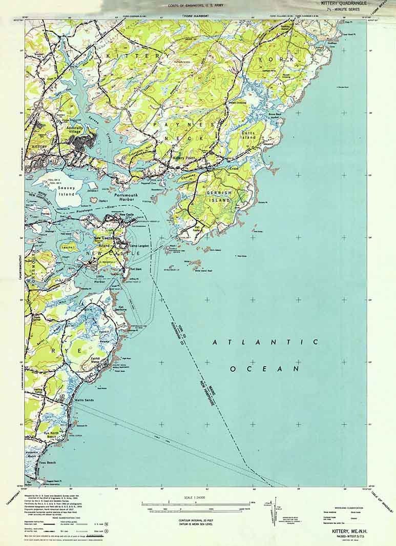 1944 Topo Map of Kittery Maine Quadrangle Ports Mouth Harbor