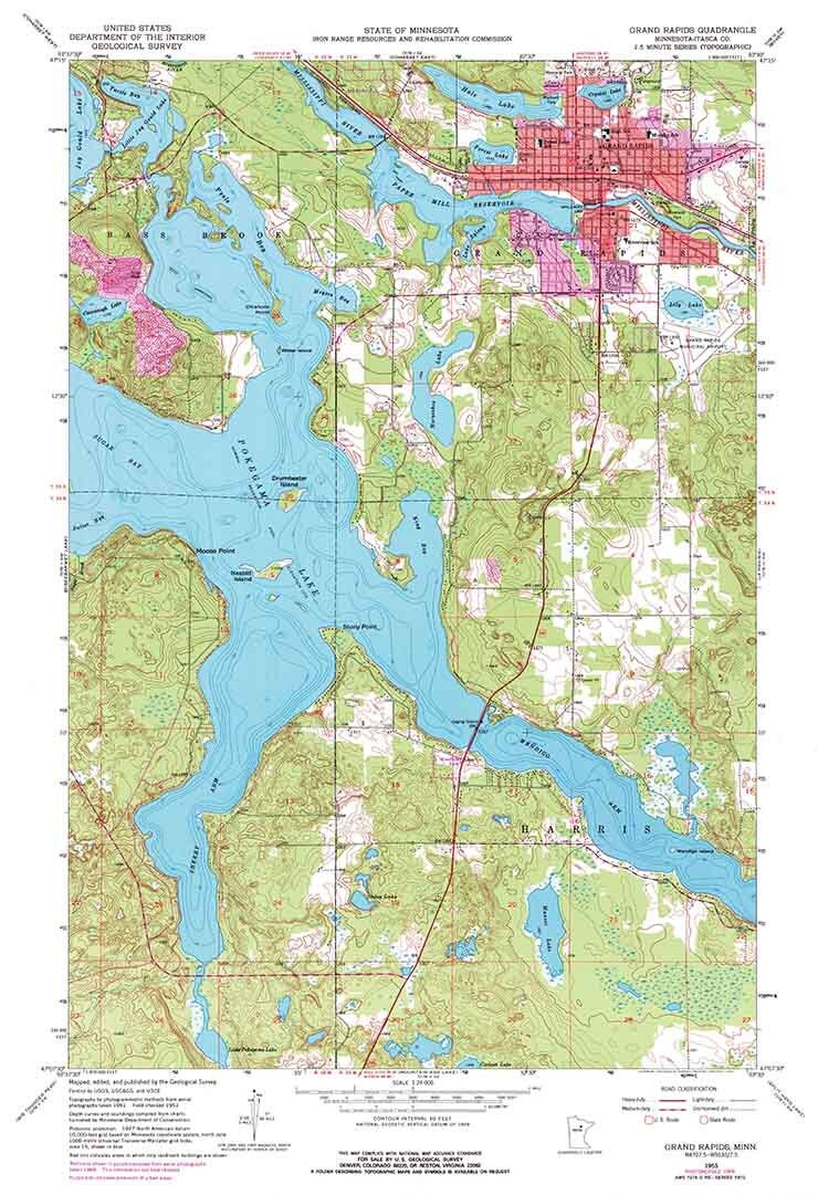 1953 Topo Map of Grand Rapids MN Quadrangle Pokegama Lake