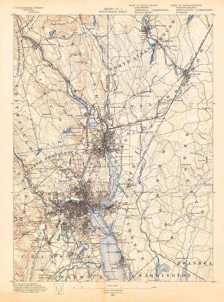 1889 Topo Map of Providence Massachusetts Rhode Island Quad