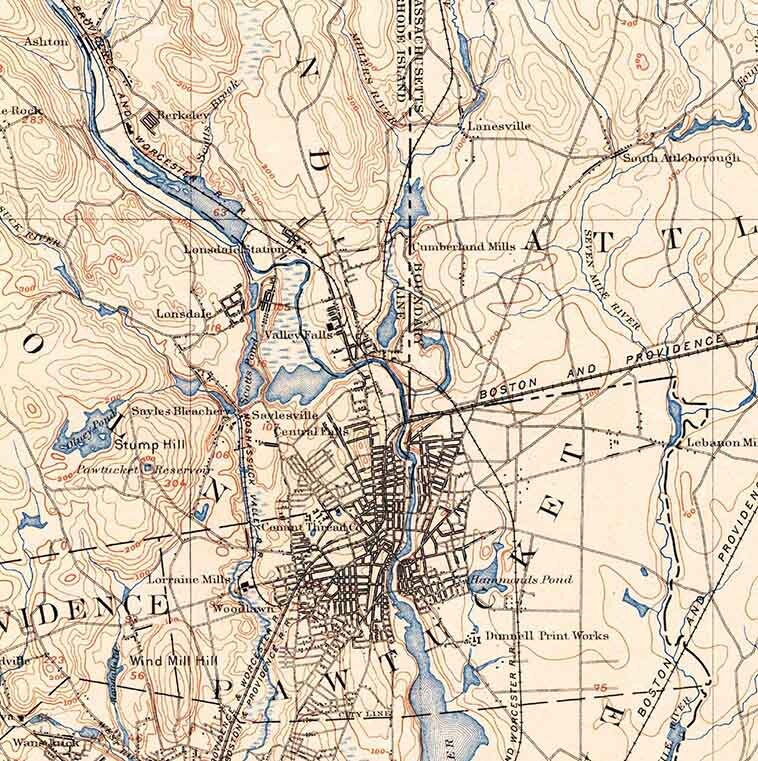 1889 Topo Map of Providence Massachusetts Rhode Island Quad