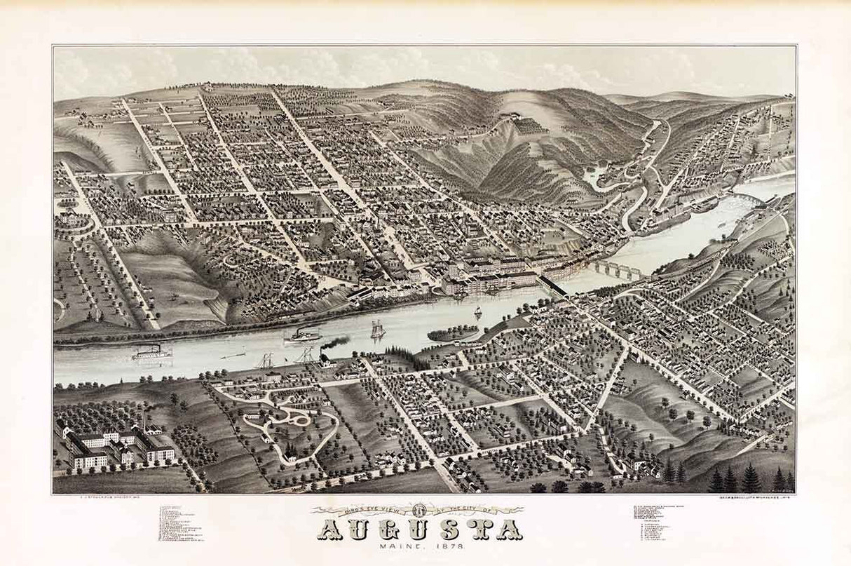 1878 Panoramic Map of Augusta Maine