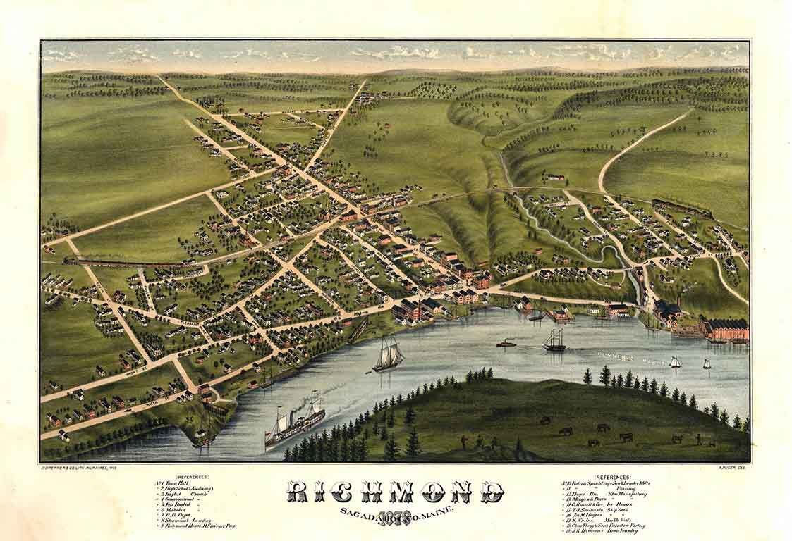 1878 Panoramic Map of Richmond Sagadahoc County Maine