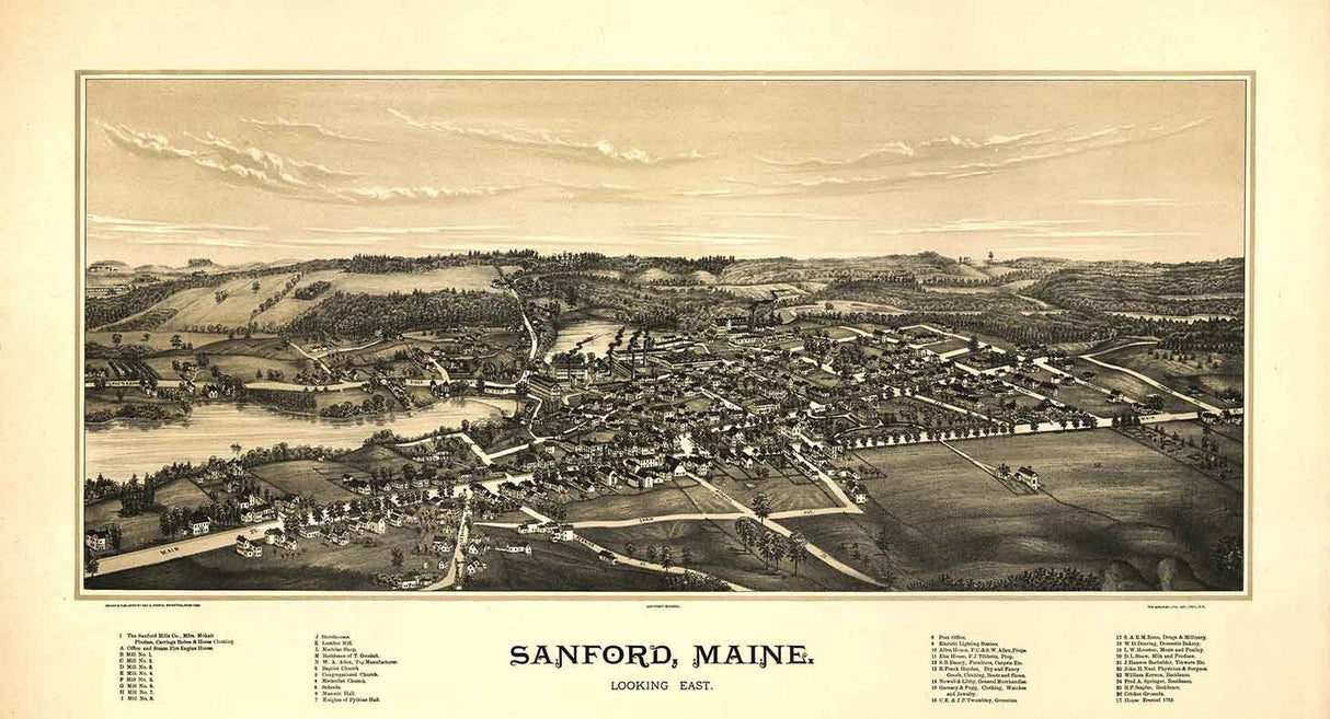 1889 Panoramic Map of Sanford Maine