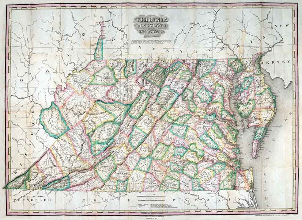 1827 Map of Virginia Maryland and Delaware