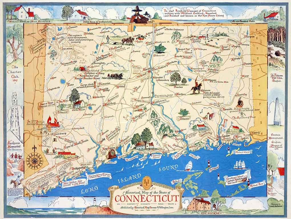 1930 Cartoon Map of the State of Connecticut