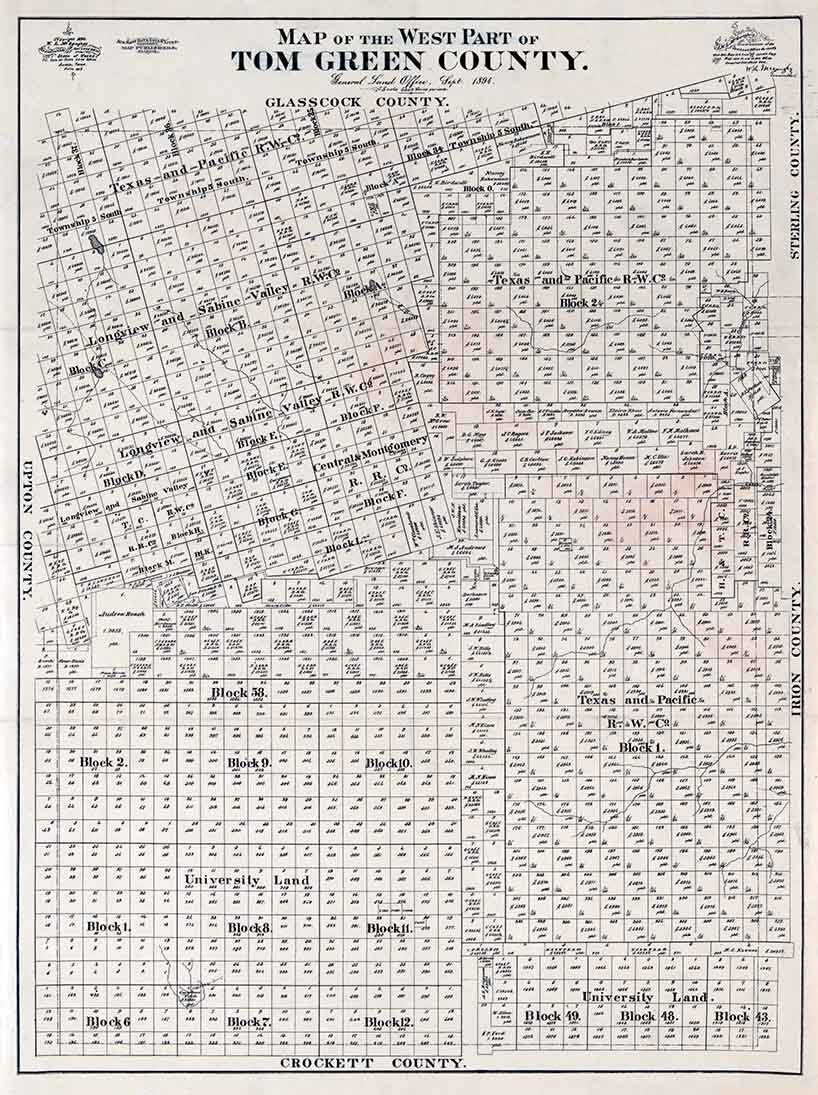 1894 Farm Line Map of West Part of Tom Green County Texas