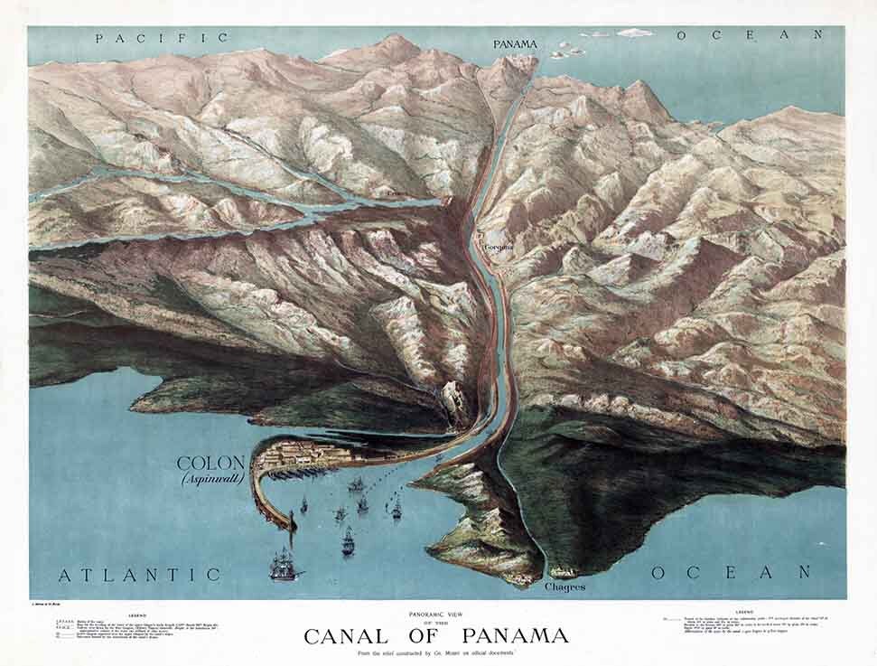 1881 Panoramic Map of Panama Canal Panama