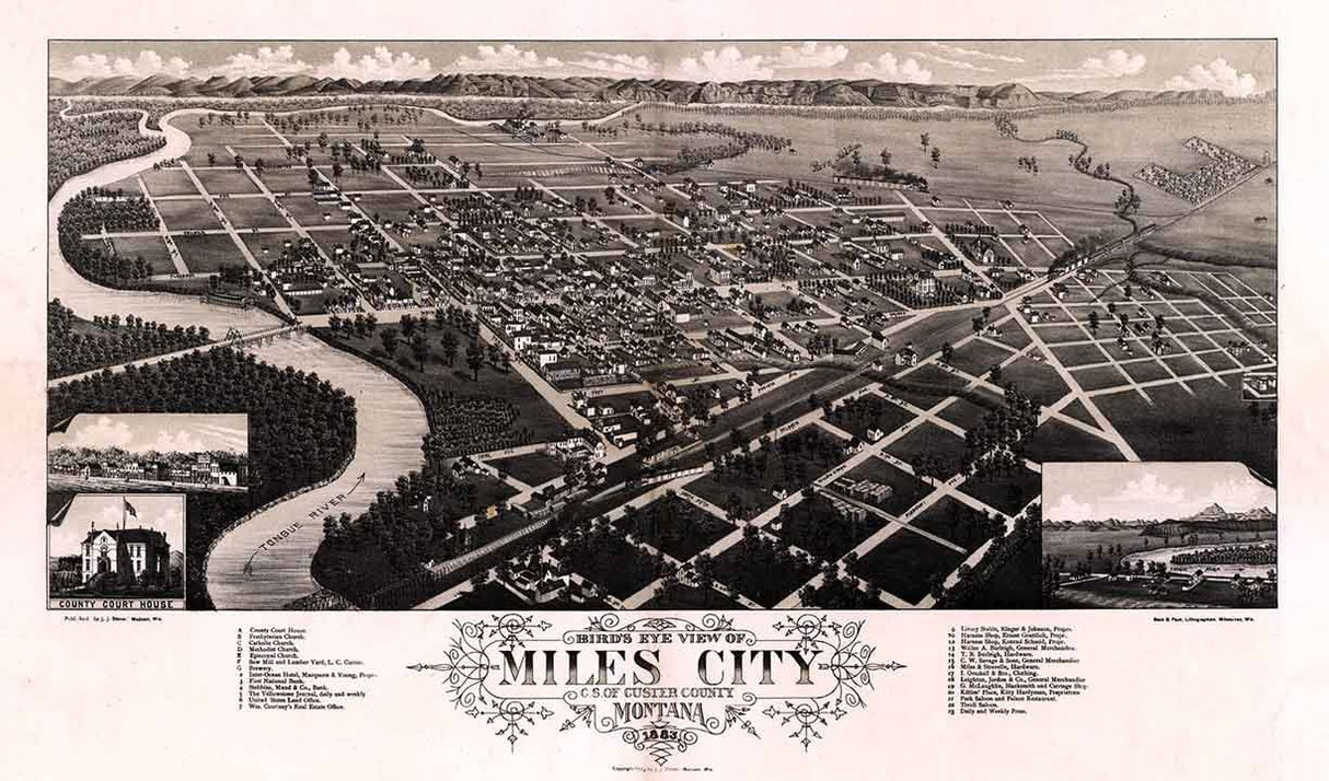 1883 Panoramic Map of Miles City Custer County Montana