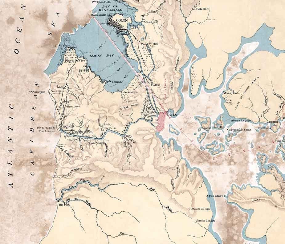 1906 Map Showing Line of Proposed Lock Canal Panama Canal Panama