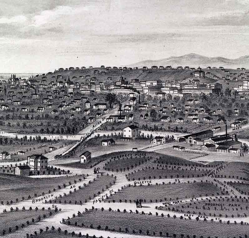 1877 Panoramic Map of Brooklyn Heights Los Angeles California Santa Monica Mountains