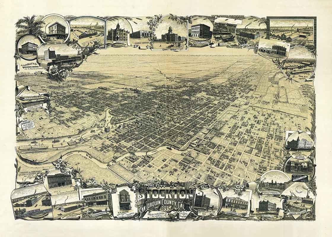 1895 Panoramic Map of Stockton San Joaquin County California