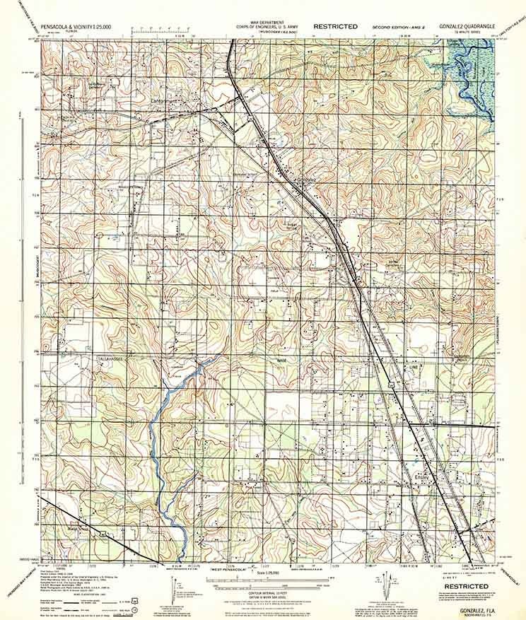 1944 Topo Map of Gonzalez Florida Quadrangle