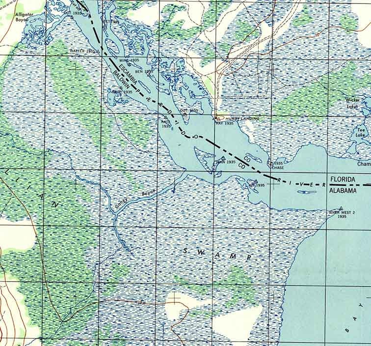 1944 Topo Map of Peridido Bay North Florida Quadrangle